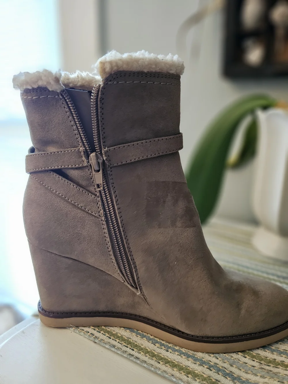 Unisa Taupe Shearling-Trim Wedge Bootie